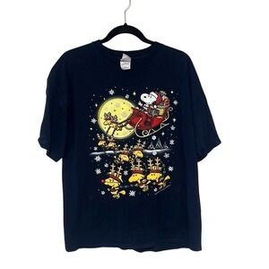 Vintage 2000s Gildan Mens Navy Peanuts Snoopy Santa Woodstock Reindeer Shirt XL